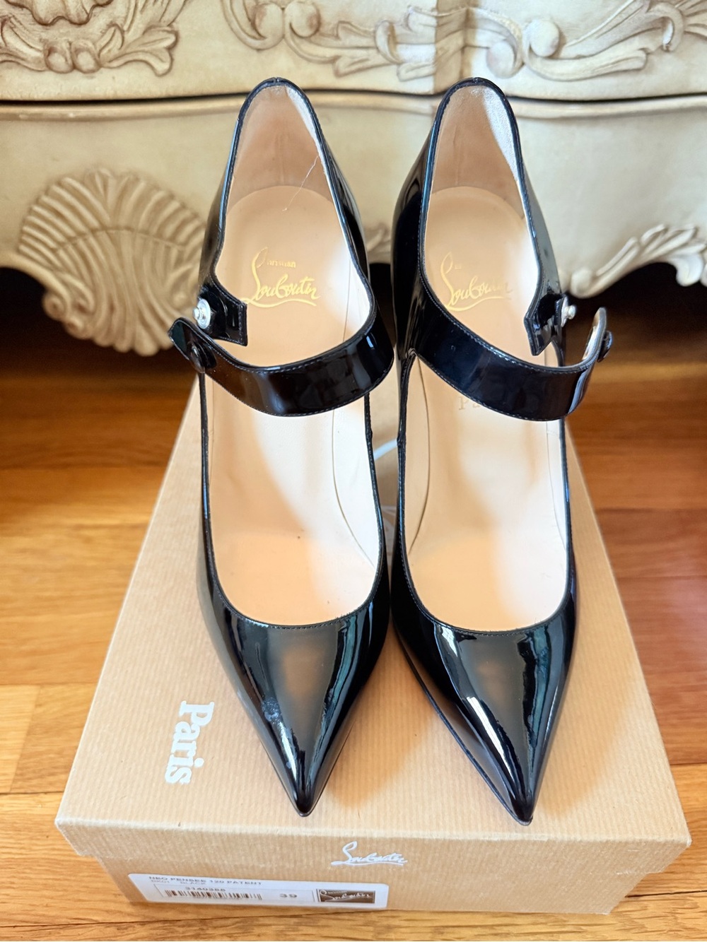 Christian Louboutin Black Patent Mary Jane Pointed Pumps size 39